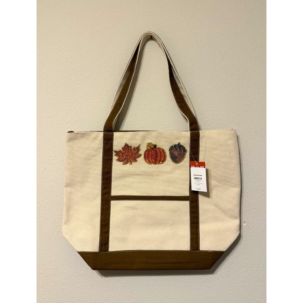 NWT Kirkland's Home Fall Mocha Canvas Tote Bag Sequin Appliques Zip Top
